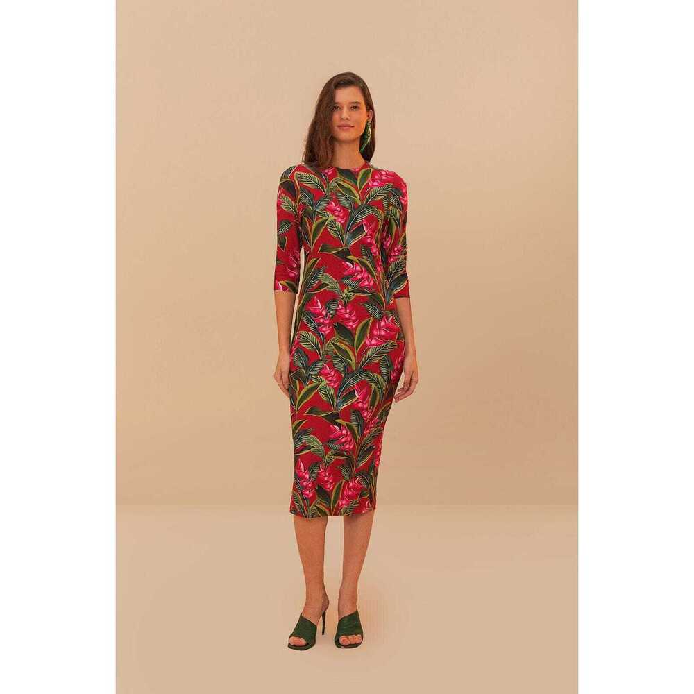 FARM Rio Red Dream Garden Jersey Midi Dress Size MDREAM GARDEN RED / M